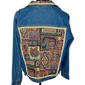 Jean Jacket Vintage Tapestry Colorful Patchwork Embroidered Denim Blue Size XL